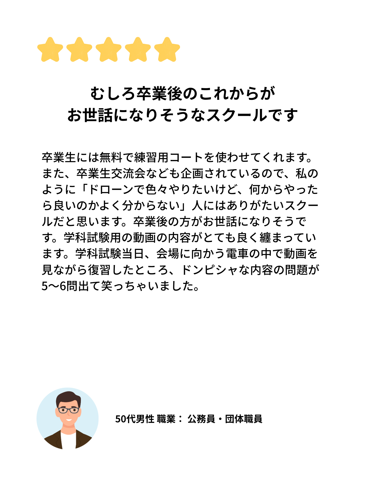 50代男性 公務員・団体職員の口コミ。卒業後のサポートや練習用コート、試験対策動画についてのレビュー